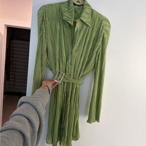 White Fox Boutique Sage Green Pleated Long Sleeve Dress